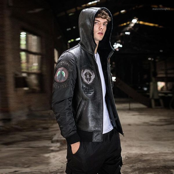 

men's leather & faux and fur in one men's hooded natural wool sheep bomber jacket thicken genuine short men1, Black