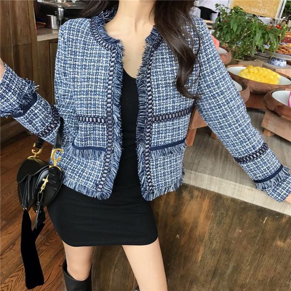 

2020 spring autumn slim plaid tweed jacket femme houndstooth jacket full sleeve office chic outerwear tassel coat female qt12, Black;brown