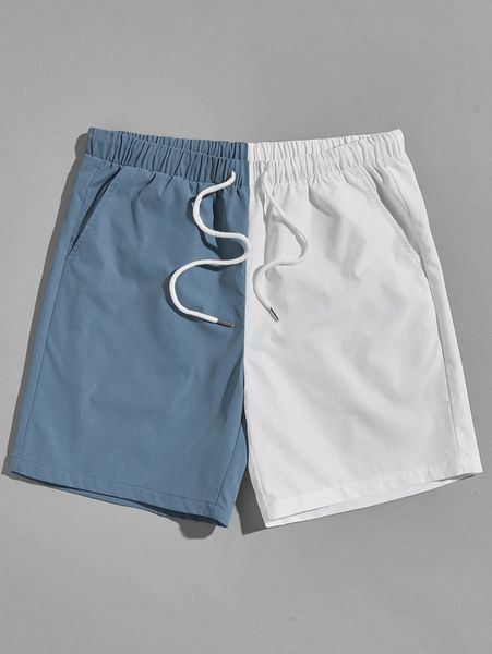 

men drawstring waist two tone shorts v3x3#, Black