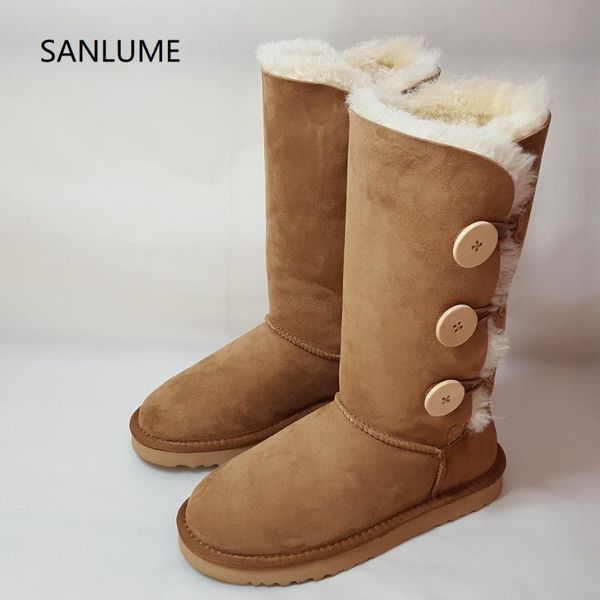 

sanlume chestnut color genuine leather warm large size 41 winter boots women knee high flat shoes woman fur snow boots, Black