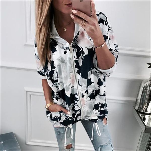 

retro casual zipper hooded sweatshirts 2020 sleeve coats outwear hoodies new floral print women hoodies sweatshirts autumn, Black