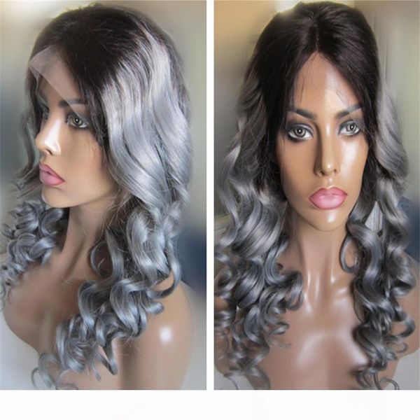 

1b gray ombre color loose wave brazilian remy hair lace front wig for women ing, Black;brown