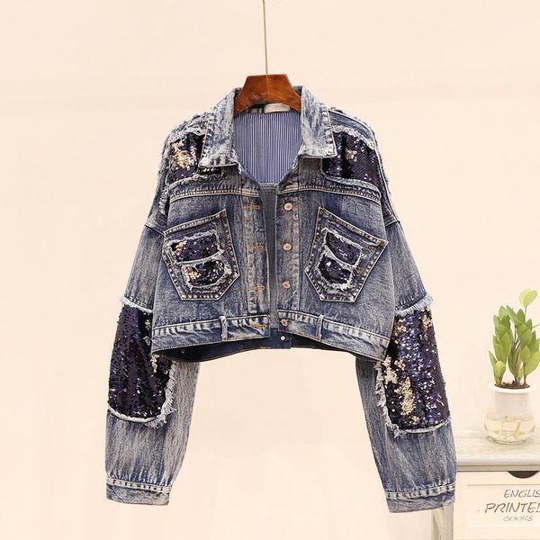 

spring sequins frayed short denim jacket women korean fashion loose jeans jacket female chaqueta mujer basic denim coat outwear1, Black;brown