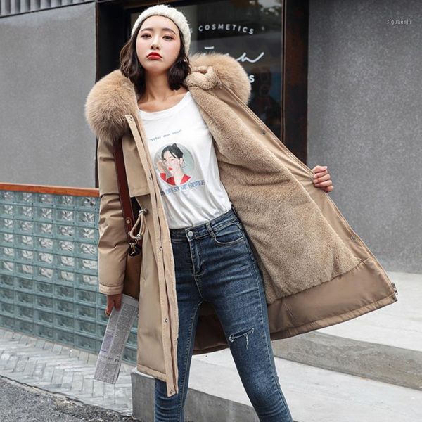 

female parka cotton fleece coat plush fur collar hooded long jacket 2021 new winter thicken warm elegant slim-fit outerwear 3xl1, Black