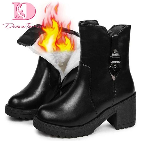 

doratasia ladies winter warm plush boots fashion metal decoration chunky high heels ankle boots women party warm fur shoes woman, Black