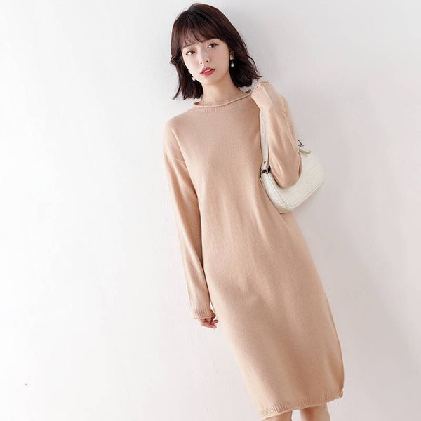 

2021 100% knitted or crocheted neck-neck women's sweater longer dress female winter stardard wool 7isr, Black;gray