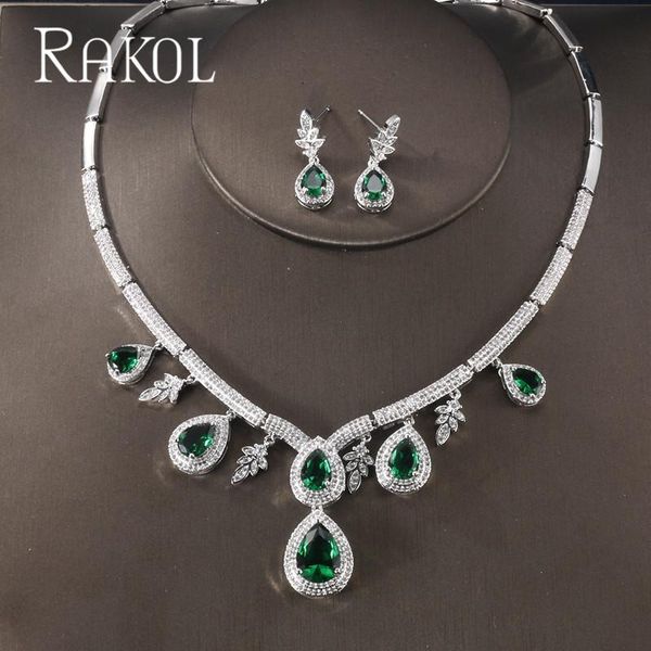 

rakol green water drop cubic zirconia stone earrings necklace jewelry set for women bridal wedding dinner dress dubai jewelry, Silver
