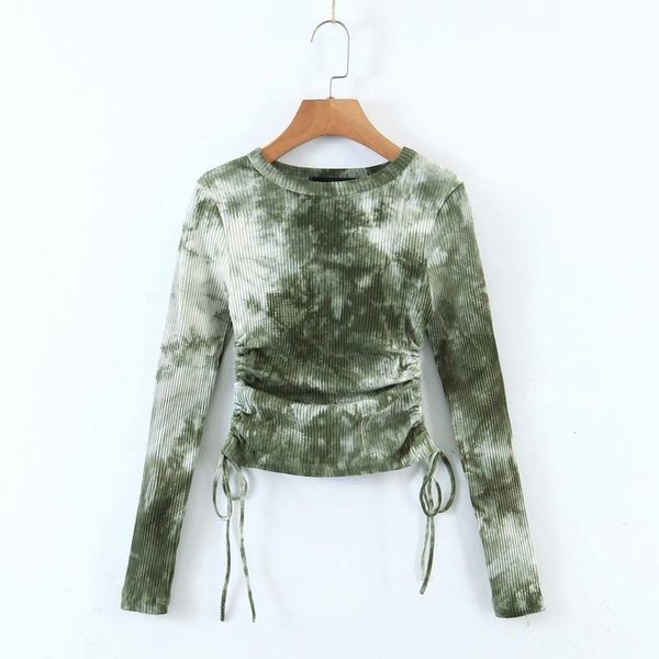 

and winter new women's fashion autumn tie dye printed drawstring slim long sleeve t-shirt c8380, Black;gray