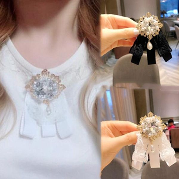 

black lace ribbon bow tie brooch for women white rhinestone pearl necktie pin shirt dress luxury clothing accessories, Blue;purple