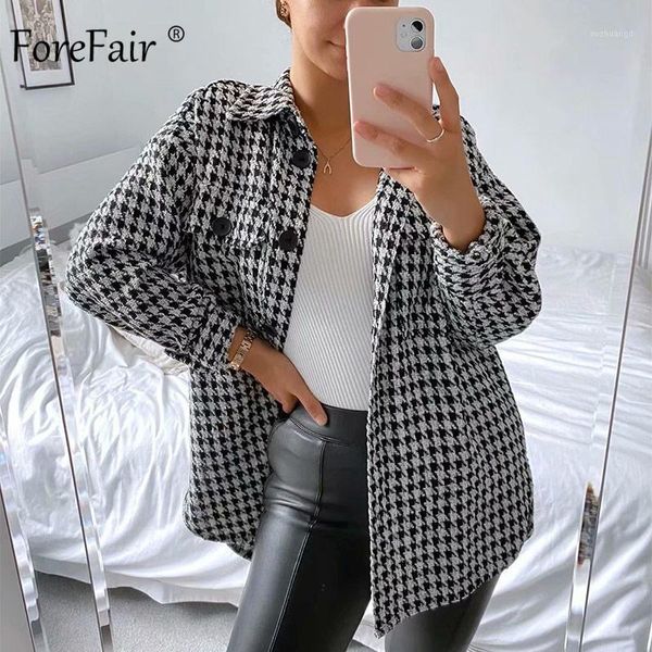 

forefair women coat houndstooth casual woolen shirt woman 2020 winter fashion drop shoulder tweed plaid jacket1, Black