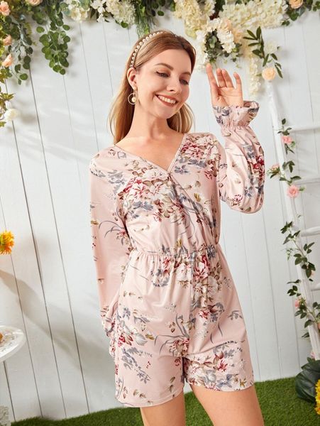 

1pc floral print flounce sleeve overlap collar romper 21ed#, White