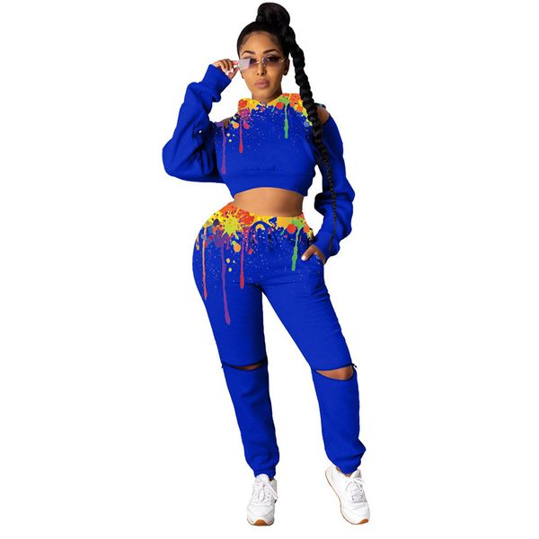 

hole designer womens tracksuits casual splash ink ladies two piece set fashion hooded womens clothing, Gray