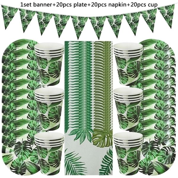 

61pcs hawaiian luau decoration palm leaf disposable tableware paper plate cup tropical summer birthday party wedding decor