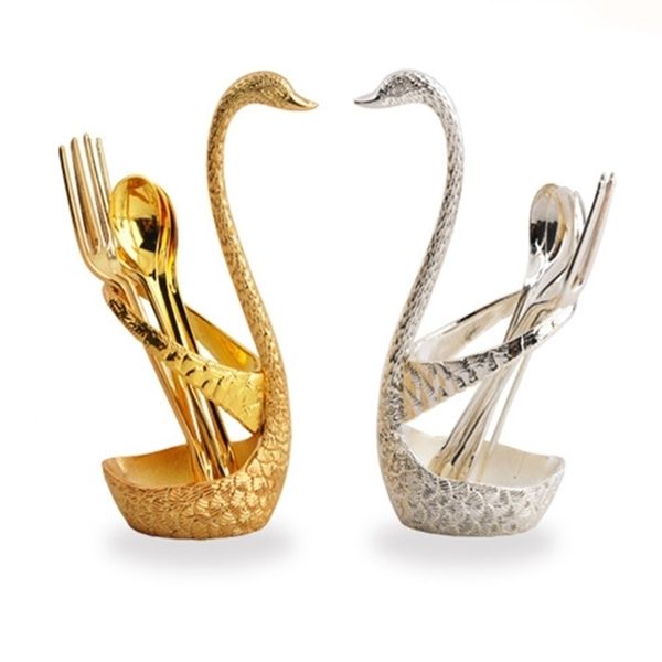 

a-stainless steel rack new fruit dessert fork coffee spoon nordic style swan tableware organizer holder storage stand hha767