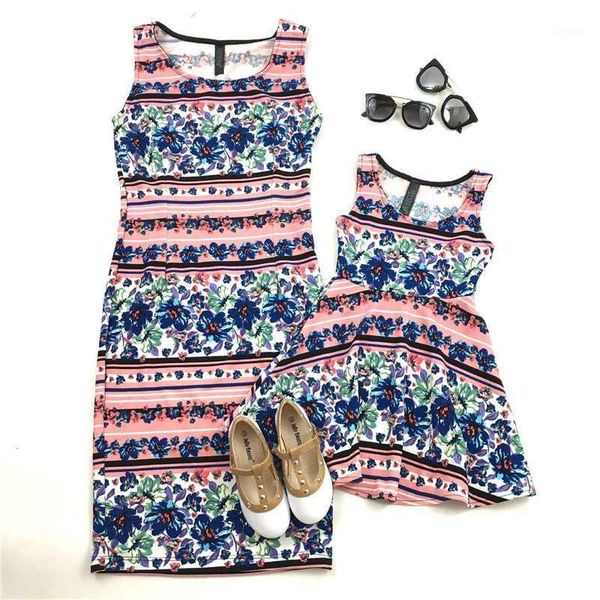 

family matching outfits summer mother daughter 3d flower print dresses clothes mommy and me look sea beach cool dresses1, Blue