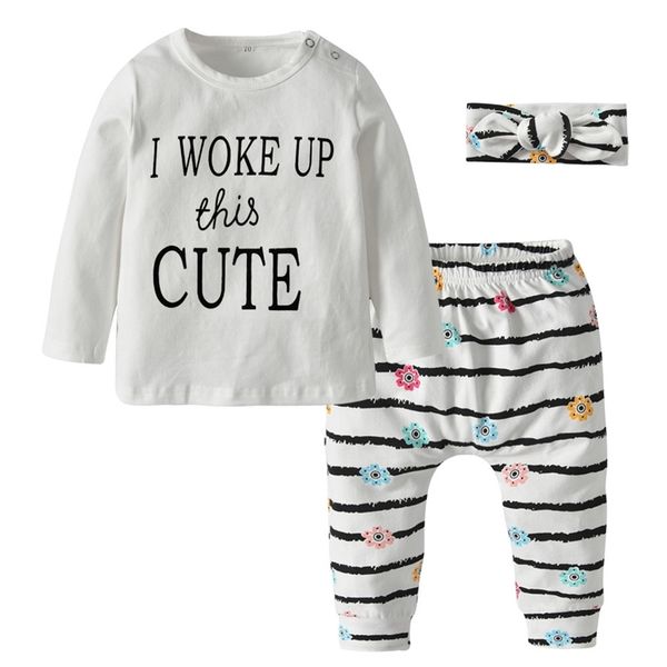 

autumn newborn baby girl clothes cotton long sleeve letter i woke up this cute infant 3pcs outfit set toddler clothing y200803, White