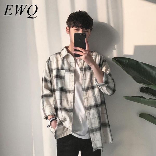 

ewq 2020 spring new men's long sleeve lapel shirt casual loose slim vintage plaid printing all-match shirt male he0891, White;black