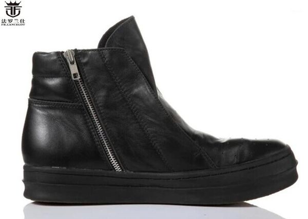 

fr.lancelot 2020 fashion men boots ancient style real leather male boots flat thick heel men's booties zip up soft workin shoes1, Black