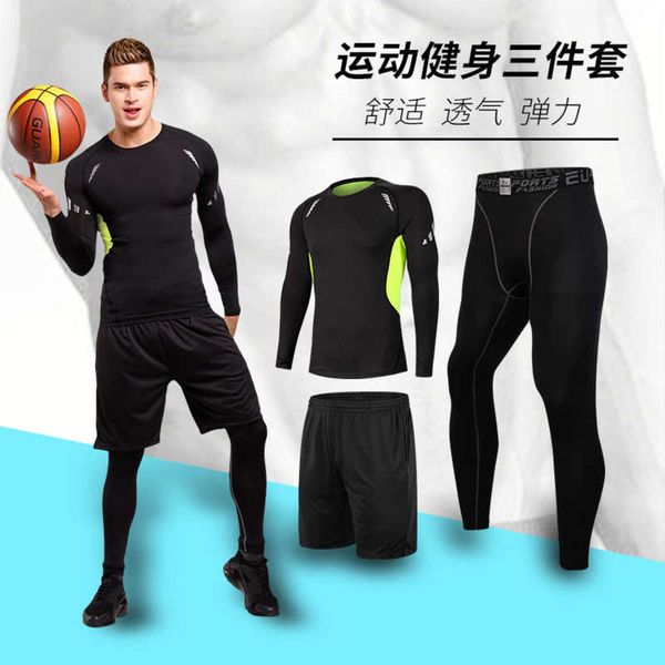 

piece sleeve fitness long men's three running tight training clothes elastic sports suit gym, Gray