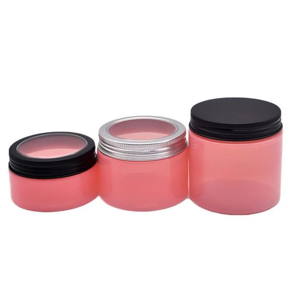 2022 Новые 100 150 200 250 мл пластиковые банки Pink Pink Pet Cosmetic JAR для хранения банок круглую бутылку с оконными алюминиевыми крышками для кремовой маски