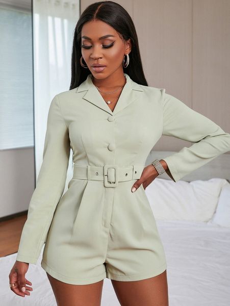 

lapel neck fold pleated belted romper h65a#, White