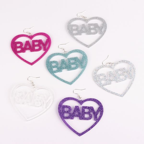 

oct. new 6 colors glitter acrylic peach heart letter baby drop earring for women trendy jewelry fashion cute girl' accessories, Silver