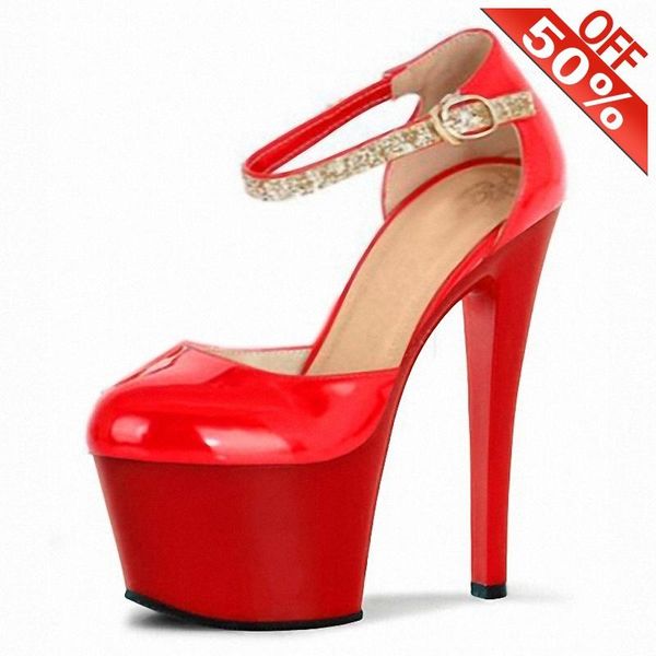 

dress shoes 17cm high heeled round toe patent leather big size party 6 inches thick platform bling buckle strap mature elegant, Black