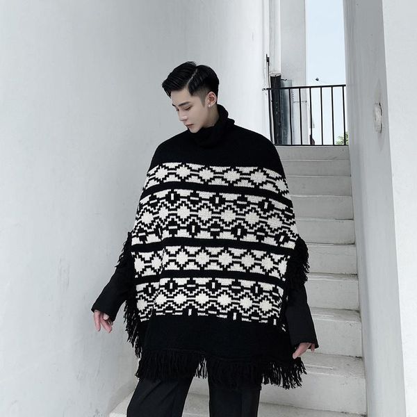 

men's sweaters male women streetwear retro fashion loose knitting sweater men geometric patterns cape tassel pullover turtleneck, White;black
