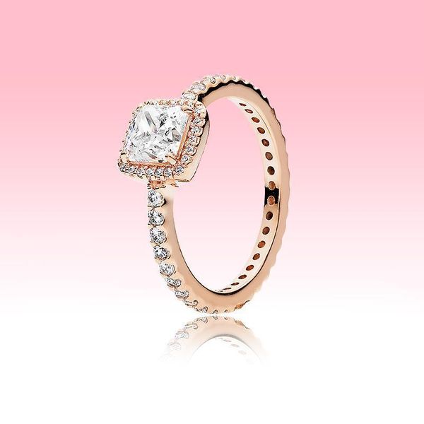 

rose gold plated wedding ring cz diamond engagment jewelry for pandora 925 silver square sparkle halo ring set with original box, Slivery;golden