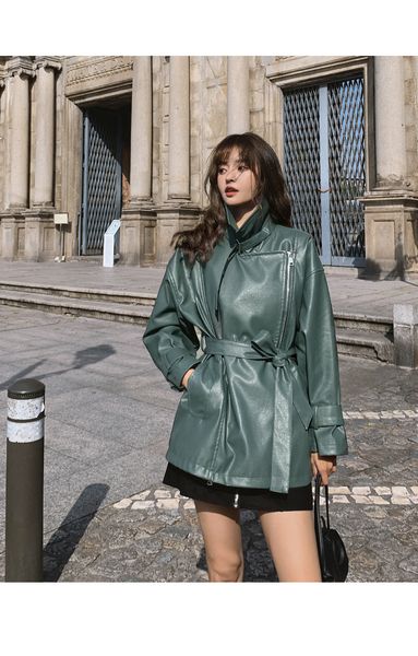 

2021 new leather autumn of the new korean-style women bf wind loose locomotive lapel casual fashion put on jacket with zipper py4 fqot, Black