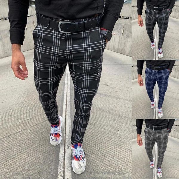 

men's casual pants plaid social slim fit black trousers zipper mid waist skinny business office work party male spring stretchy1