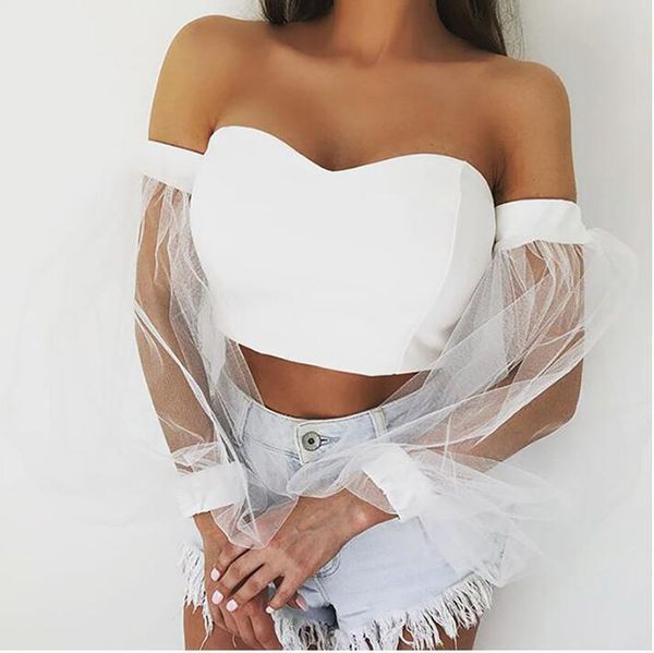 

women's tanks & camis off shoulder sheer mesh sleeve blouse white and black