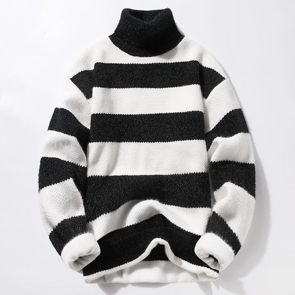 

2020 autumn winter men stripe turtleneck sweater mens streewear warm pullovers male thick knitted sweaters -3xl1, White;black