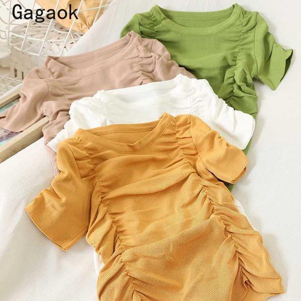 

women's t-shirt gagaok women knit 2021 summer arrival o-neck vintage folds slim chic wild short female fashion korean pullover1, White