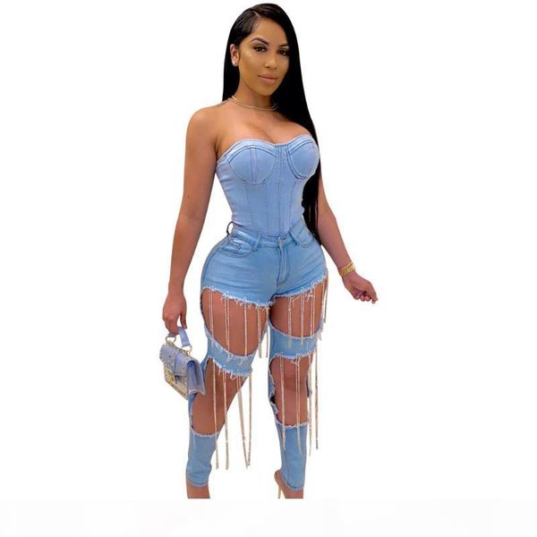 

hhdmv summer women 2020 fashion reduction of age hip hop style long pants buttons high waist broken hole long pants, Blue