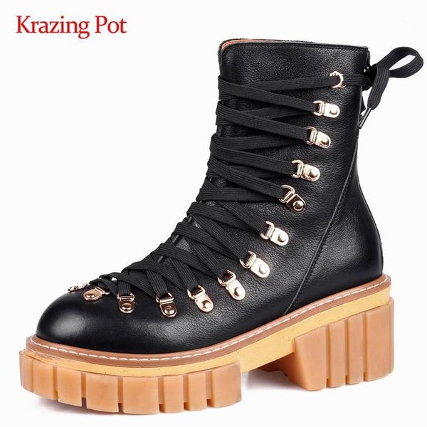 

boots krazing pot fashion genuine leather metal decorations platform round toe thick high heel zipper punk star ankle l681, Black