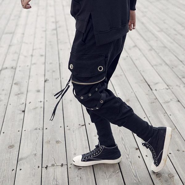 

2020 black hip hop sweatpants mens skinny high street joggers pencil pants fashion sequins fake zippers slim fit mens trousers1