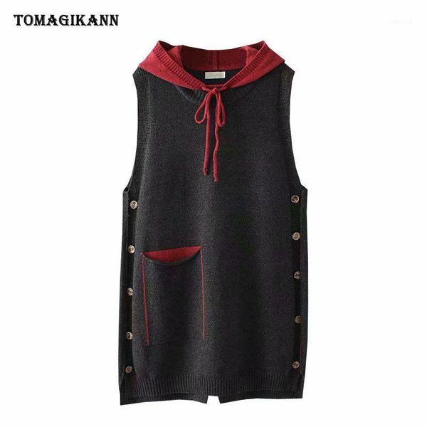 

4xl hooded knitted vests women autumn side buttons pocket patchwork sweater coat casual plus size pullover outwear1, Black;white