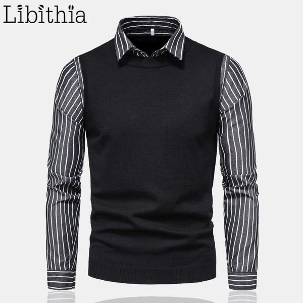 

men's sweaters men casual fake two pieces striped pattern turn-down collar long sleeve autumn for 2xl grey clothing male r054, White;black