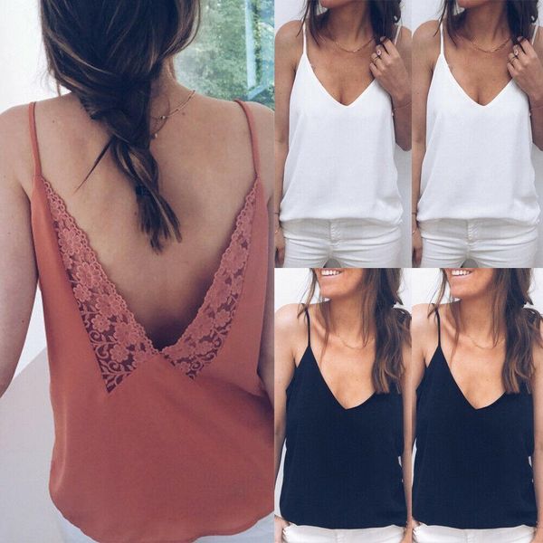 

casual summer women spaghetti strap vest v neck backless lace v sleeveless tank t shirt, White