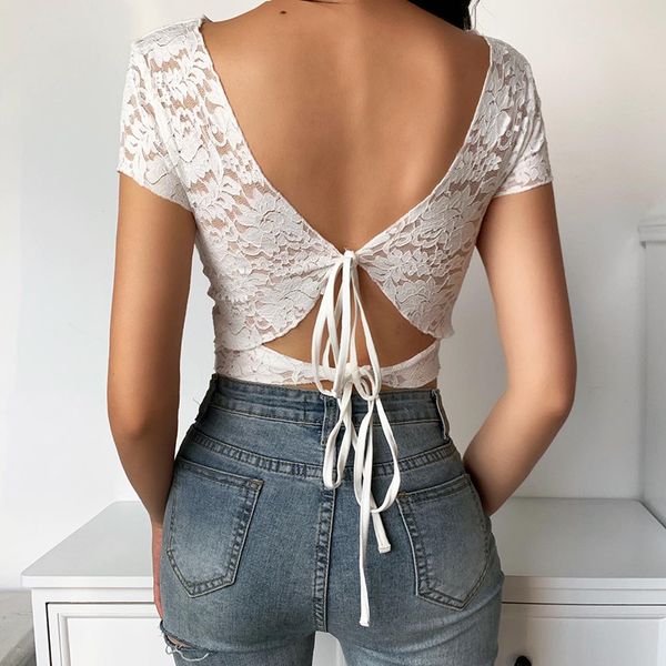 

2020 new lace crochet sheer women summer short-sleeved crop v neck wild fashion reversible wear, White