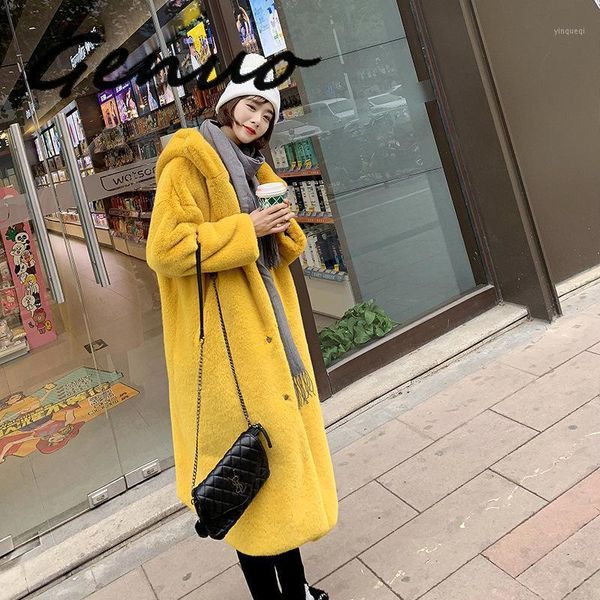 

genuo new fall and winter thickened -like long cap loose artificial hair over knee coat fur-like long female fur coat1, Black