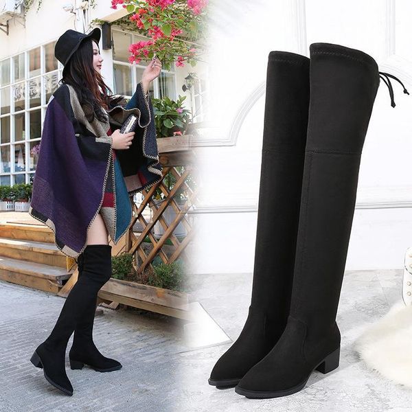 

square heel solid butterfly-knot women over-the-knee boots pointed toe leisure long thigh boots med lace-up flock winter shoes1, Black