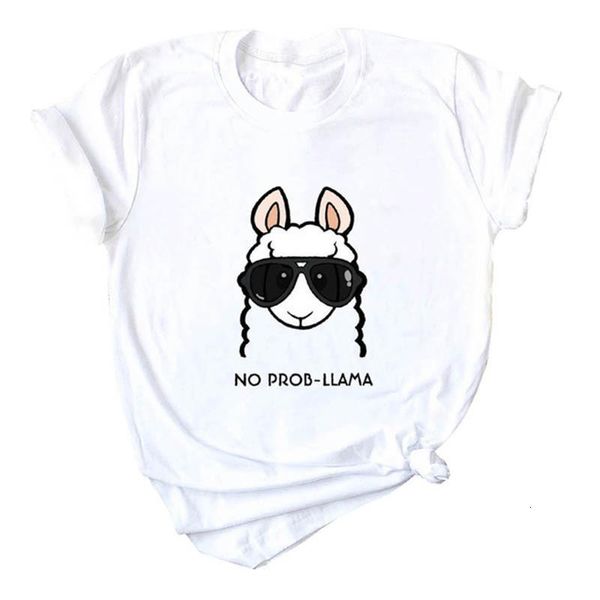 

2019 summer t shirt women no prob llama t-shirt cute cartoon print o neck short sleeve kawaii korean style tee shirt femme, White