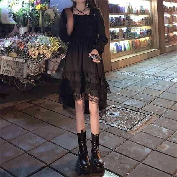 Готическое женское черное сказочное праздничное платье с квадратным воротником и милыми кружевными оборками, шикарное весна-лето 220210