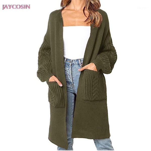 

jaycosin 2020 sweater fashion women solid knitted long sleeve cardigans pockets cardigans sweater manteau femelle drop #12141, White