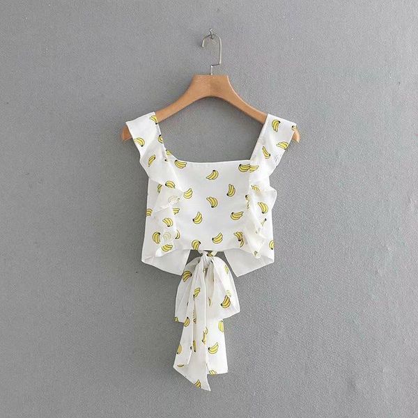 

women banana print back bow tie square collar crop ruffles decorate sweet female stylish short blouses, White