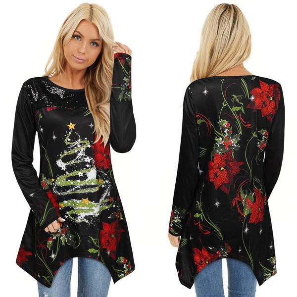

women christmas printed round neck long-sleeve blouse holiday leisure bottoming loose irregular t-shirts, White