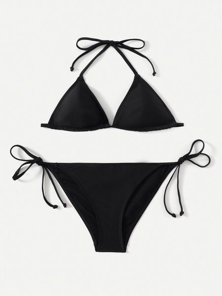 

halter triangle tie side bikini swimsuit 03dq#, White;black