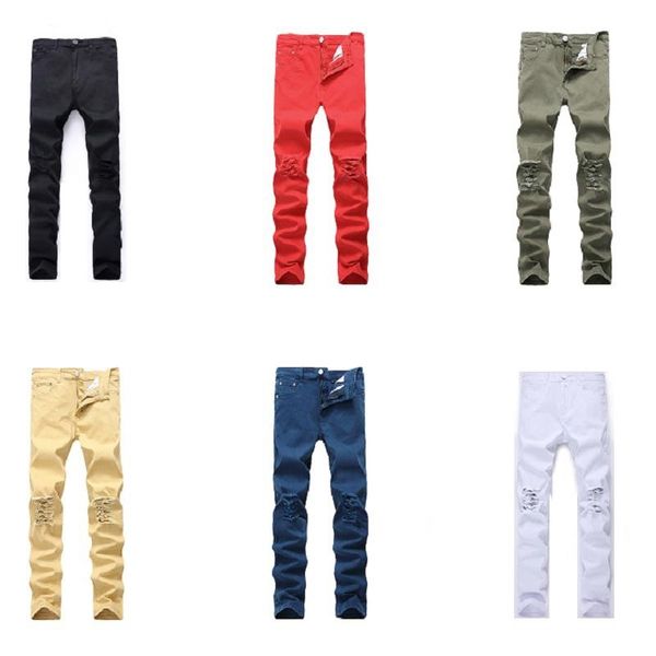 

men's jeans hole men stretch skinny denim pants fashion street style slim pencil plus size fat, Blue